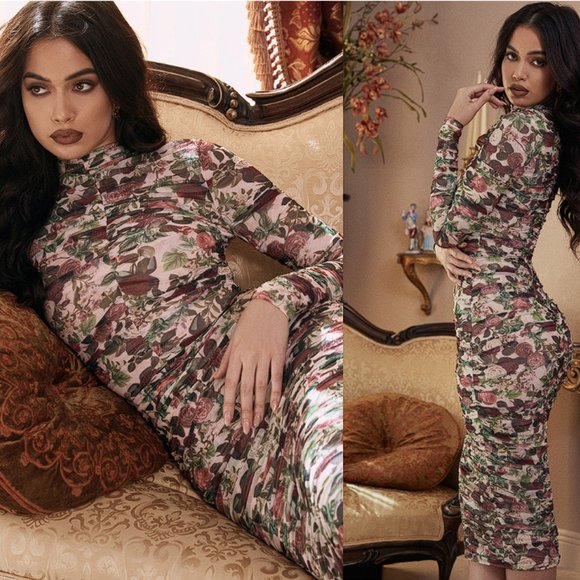 HOUSE OF CB 'Roseanne' Vintage Floral Ruched Midi Dress NWOT - Picture 1 of 10